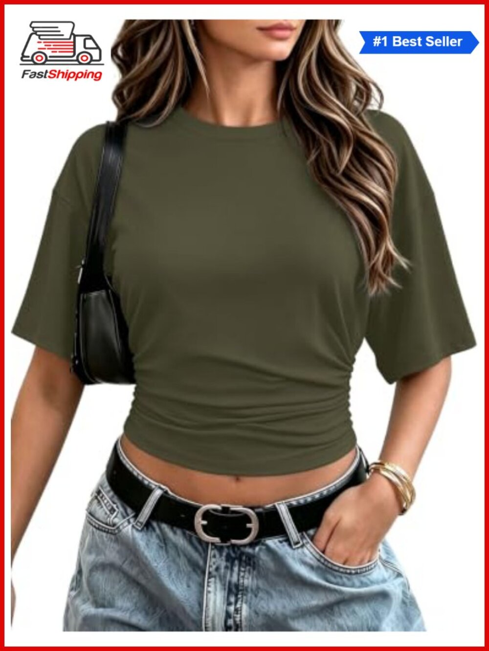 ✨Sampeel Crop Top Batwing Short Sleeve Ruched Waist Slim Fitted Basic Tee Going